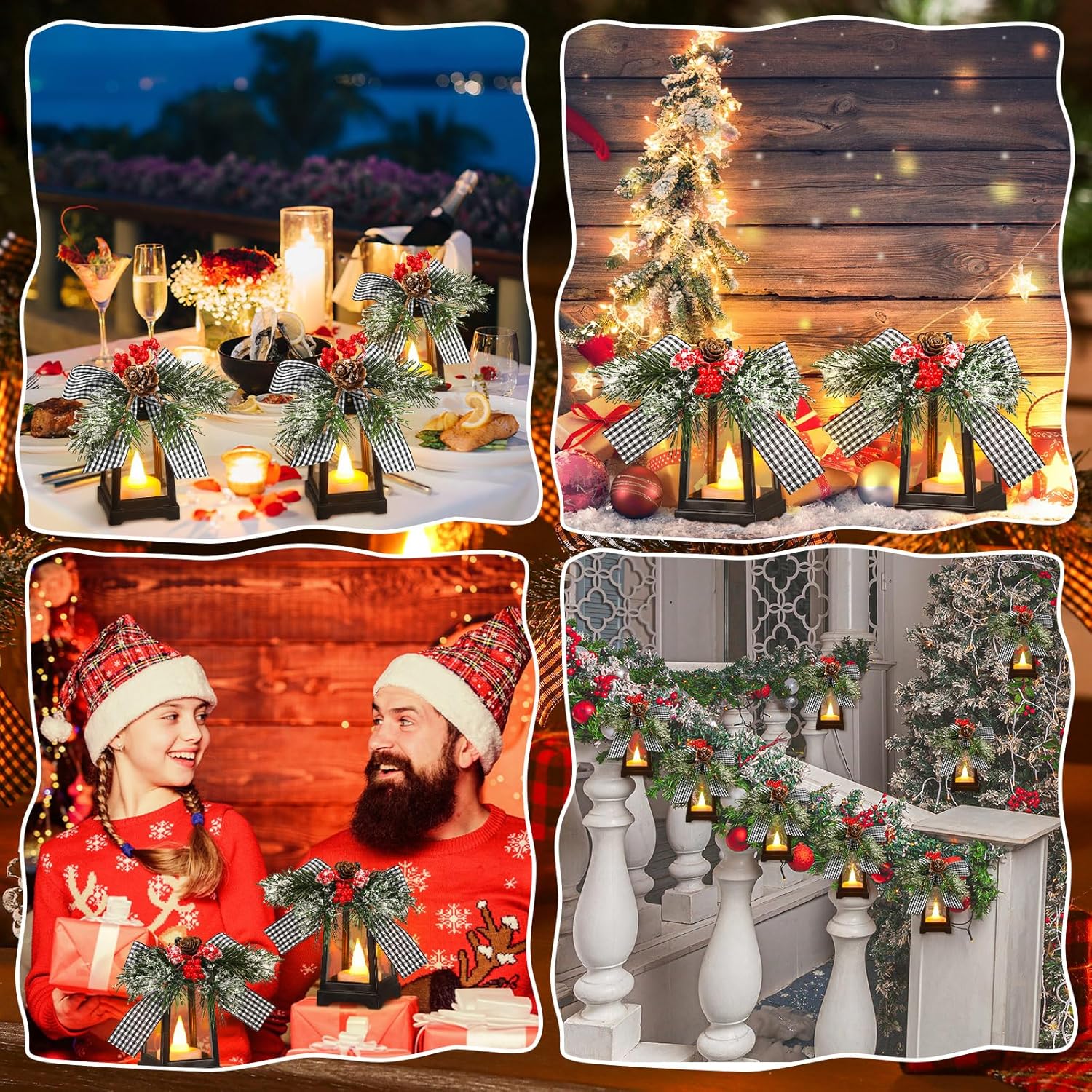 Regine Switzerland Christmas Mini Lanterns - Set of 6 Flickering LED Flameless Decor | Black & White Bow