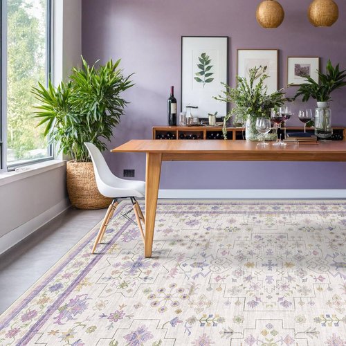 Lavender Floral Area Rug by [Brand Name] - Large 8x10 Size, Non-Slip, Stain-Resistant & Washable Carpet