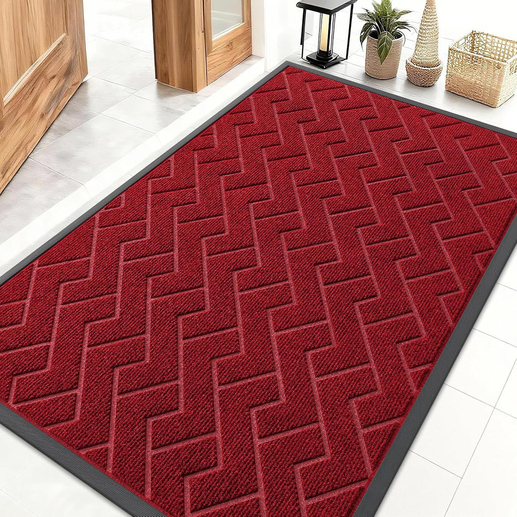 OLANLY Waterproof Front Door Mat - All-Season Herringbone Design | Easy Clean, Low Profile (Wine Red, 47x32)
