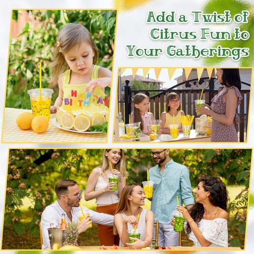 Kochorie 300 Pieces Lemon Plastic Disposable Cups with Lids and Straws 16 Ounce Lemon Hawaiian Luau Party Plastic Cups Clear Summer Tropical Party Cups Fruit Cold Cups for Lemonade Juice Water