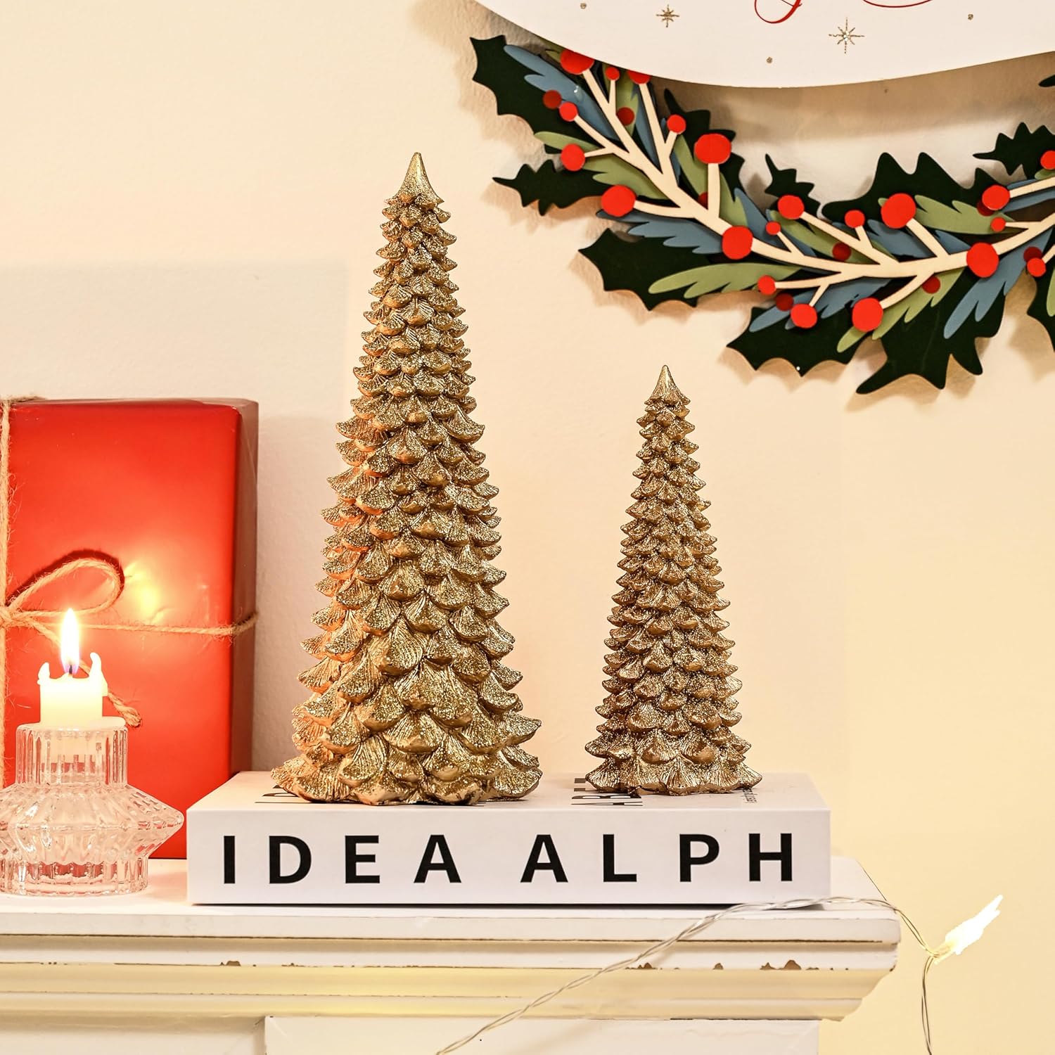 AOMOONOA Gold Christmas Tree Figurines - 2Pcs Resin Glitter Tabletop Decor | Small Xmas Trees for Home
