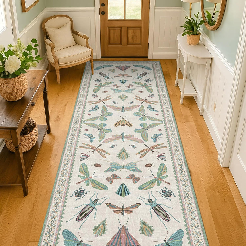 Skiennix Insect Print Hallway Runner Rug - 2'6"x8' Light Green, Washable Non-Slip Design for Indoor Decor
