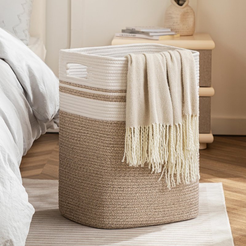 joybest Cotton Laundry Basket, Large Woven Rope Basket with Handles for Living Room and Bedroom, Stylish Storage Basket for Blankets, Toys, Clothes and Pillow - 22x16x13 Inches Gradient Brown