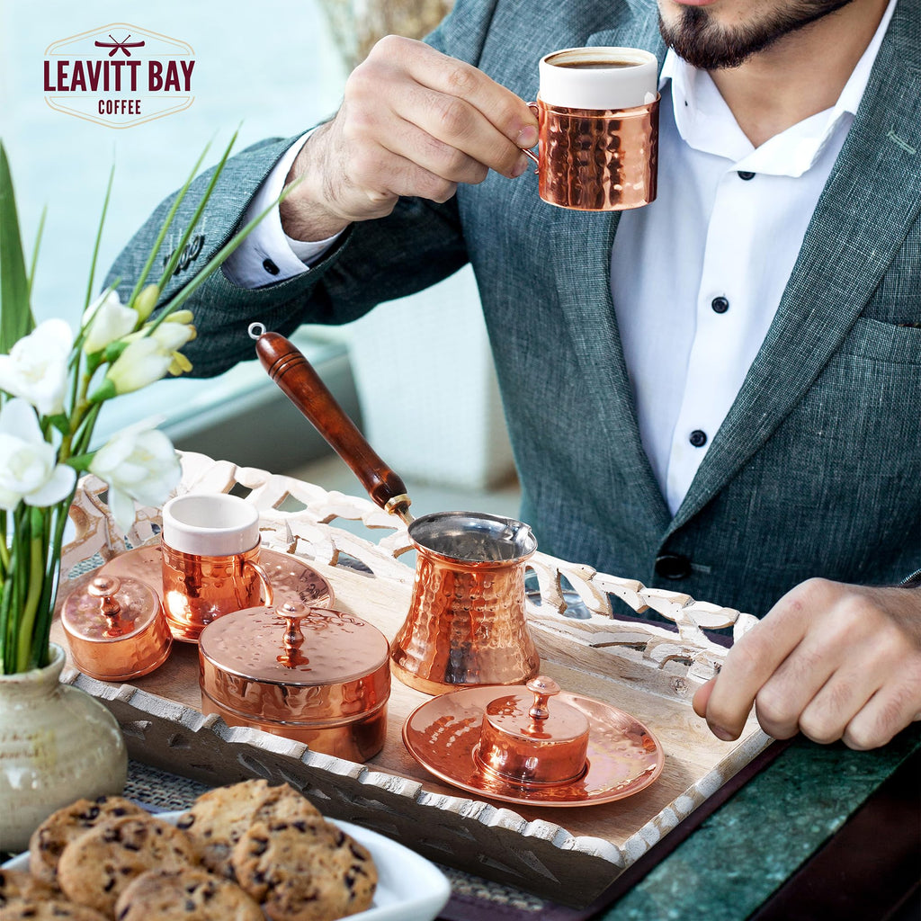 Turkish Coffee Set – Turkish Coffee Maker Set w/ 2 Cups, Sugar Dish, & Copper Pot (Cezve) – Traditional Gifts for Latte Lovers - 7oz