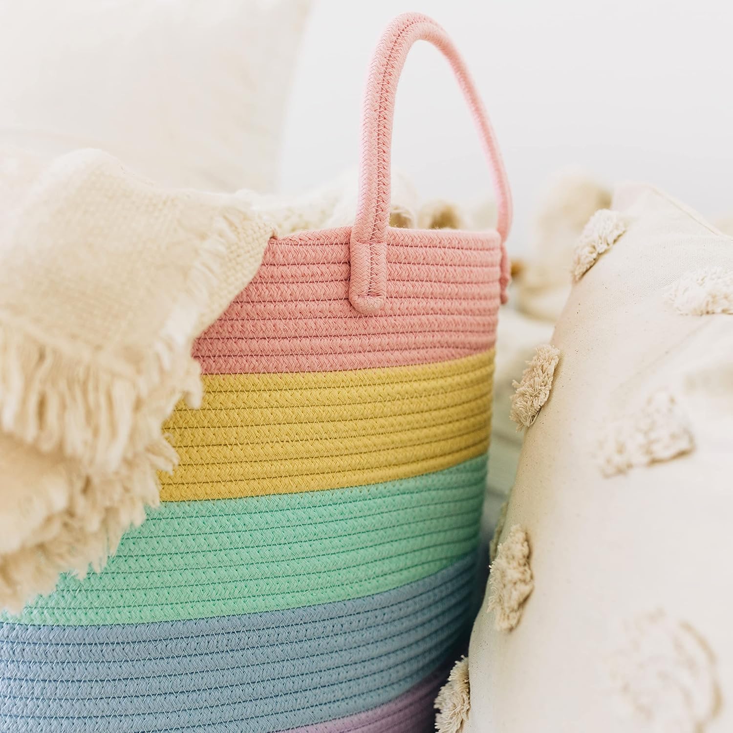 OrganiHaus Rainbow Blanket Basket - Extra Large Woven Toy Organizer & Storage Bin | 20"x13" Soft Round Design