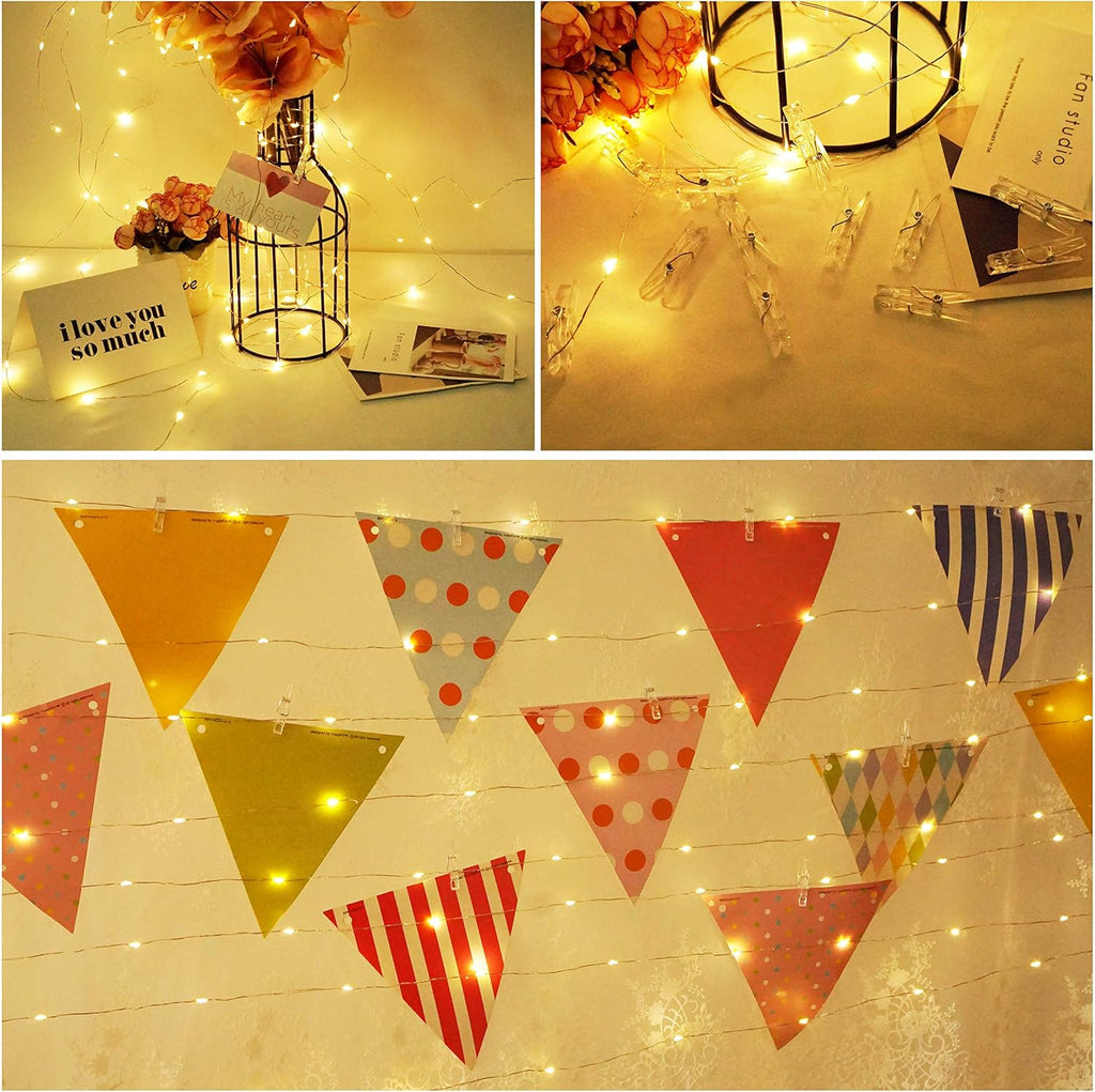 Skiennix 100 LED Photo Clip String Lights - USB Powered Fairy Lights with 50 Clear Clips for Weddings & Decor