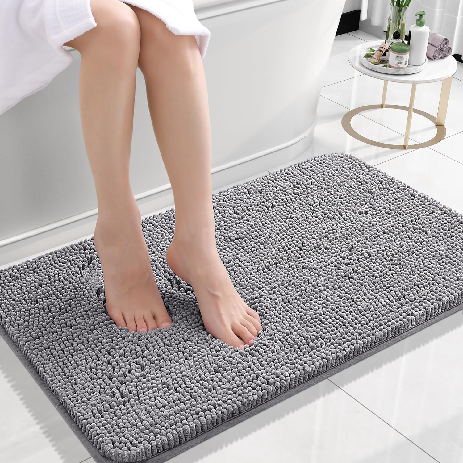 OLANLY Bathroom Rugs - Extra Soft Chenille Bath Mats with Rubber Backing | Quick Dry, Machine Washable, 24x16, Grey