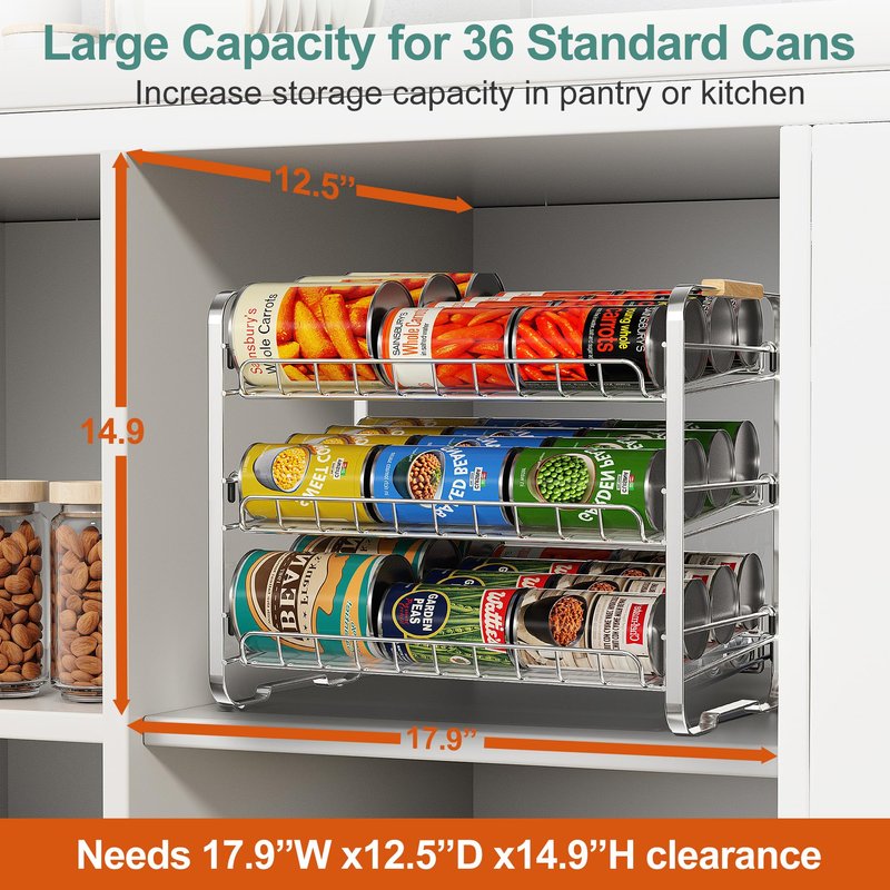 MAXIFFE 3 Tier Can Organizer for Pantry, Space-Saving Adjustable Easy Assembly Metal Sturdy Hold 36 Cans Storage Rack Holder Dispenser for Kitchen Countertop Cabinet RV, for Soda Drinks Fruits, Chrome