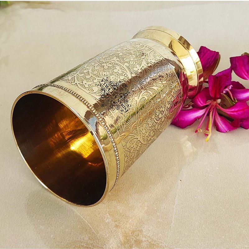 Indian Art Villa Brass Glass Tumbler, Embossed Design, 11 Oz Each, Set of 2