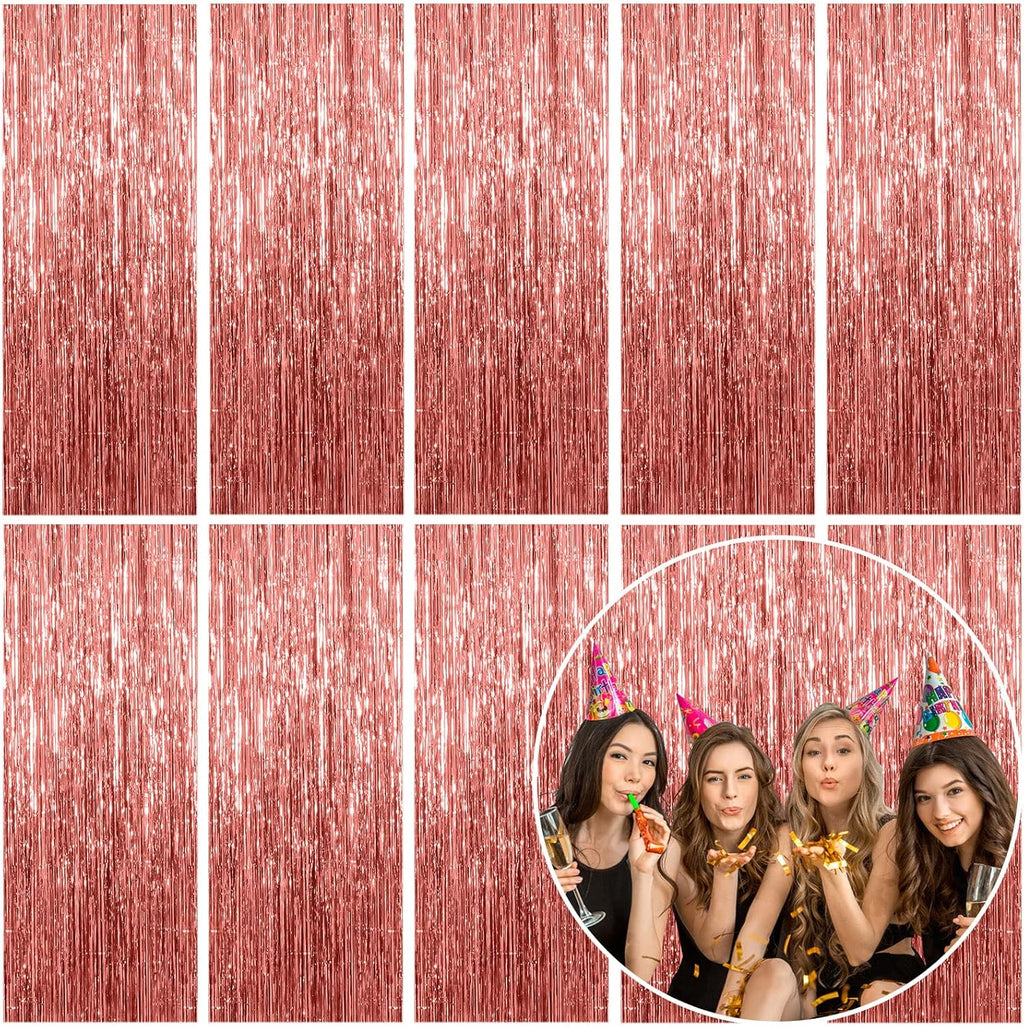Rose Gold Foil Curtain Backdrop by [Brand Name] - 10 Pack Metallic Tinsel Fringe for Parties & Events
