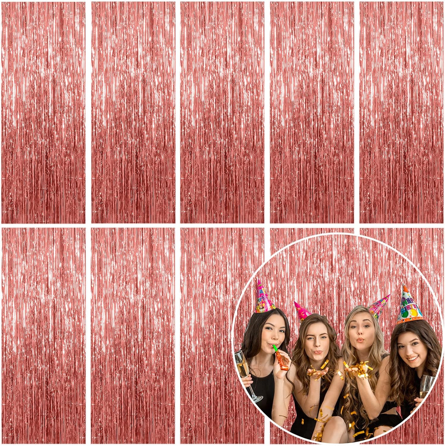 Rose Gold Foil Curtain Backdrop by [Brand Name] - 10 Pack Metallic Tinsel Fringe for Parties & Events