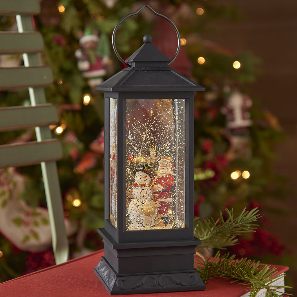 Lighted Snow Globe Lantern: 11 Inch, Black Holiday Water Lantern by RAZ Imports (Santa and Snowman)