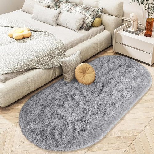 LOCHAS Gray Fluffy Shaggy Area Rug - Soft Oval Bedroom Throw Rug 2.6' x 5.3' for Kids & Nursery Decor