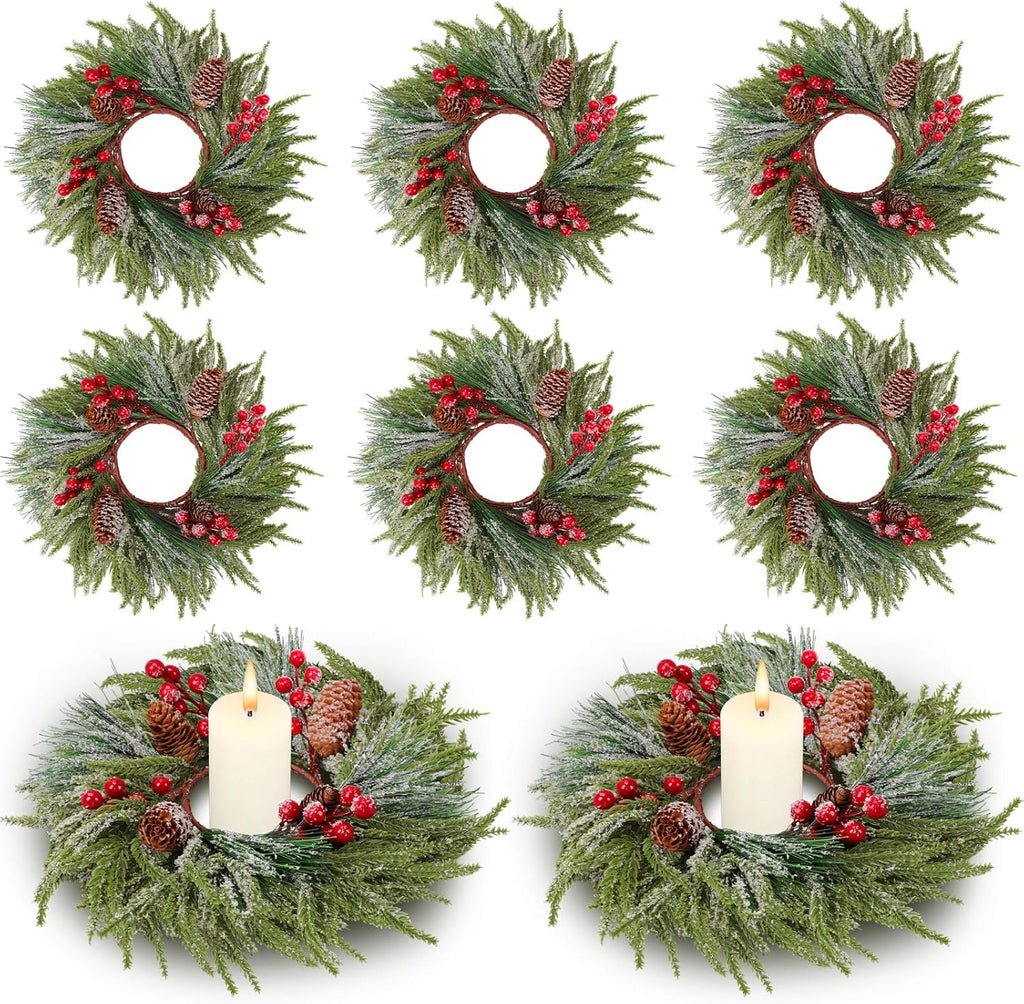 Suncalla Christmas Candle Rings - 8 Pcs Red Berry Wreaths for Kitchen & Table Decor