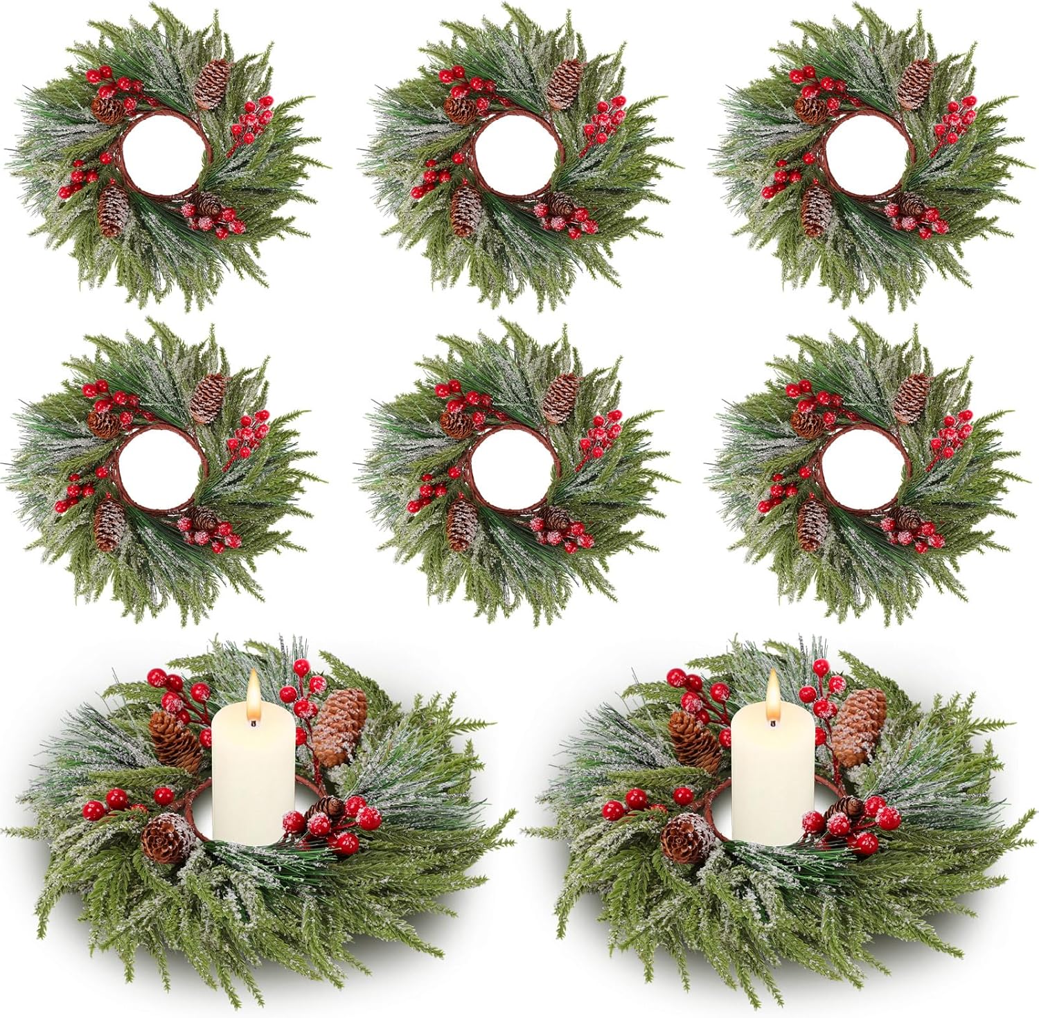 Suncalla Christmas Candle Rings - 8 Pcs Red Berry Wreaths for Kitchen & Table Decor