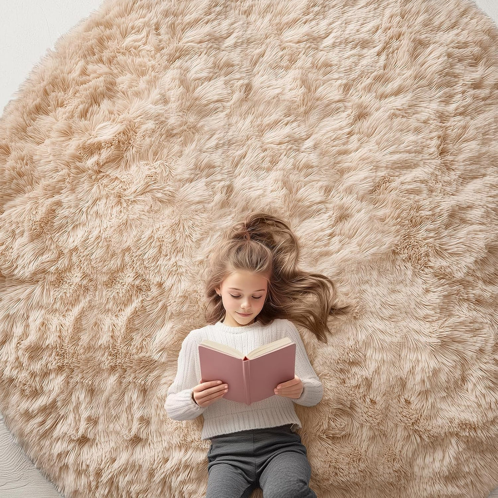 OLANLY Round Area Rug - Soft & Fluffy Beige Shaggy Carpet, 8 ft Circle for Bedroom & Living Room Decor