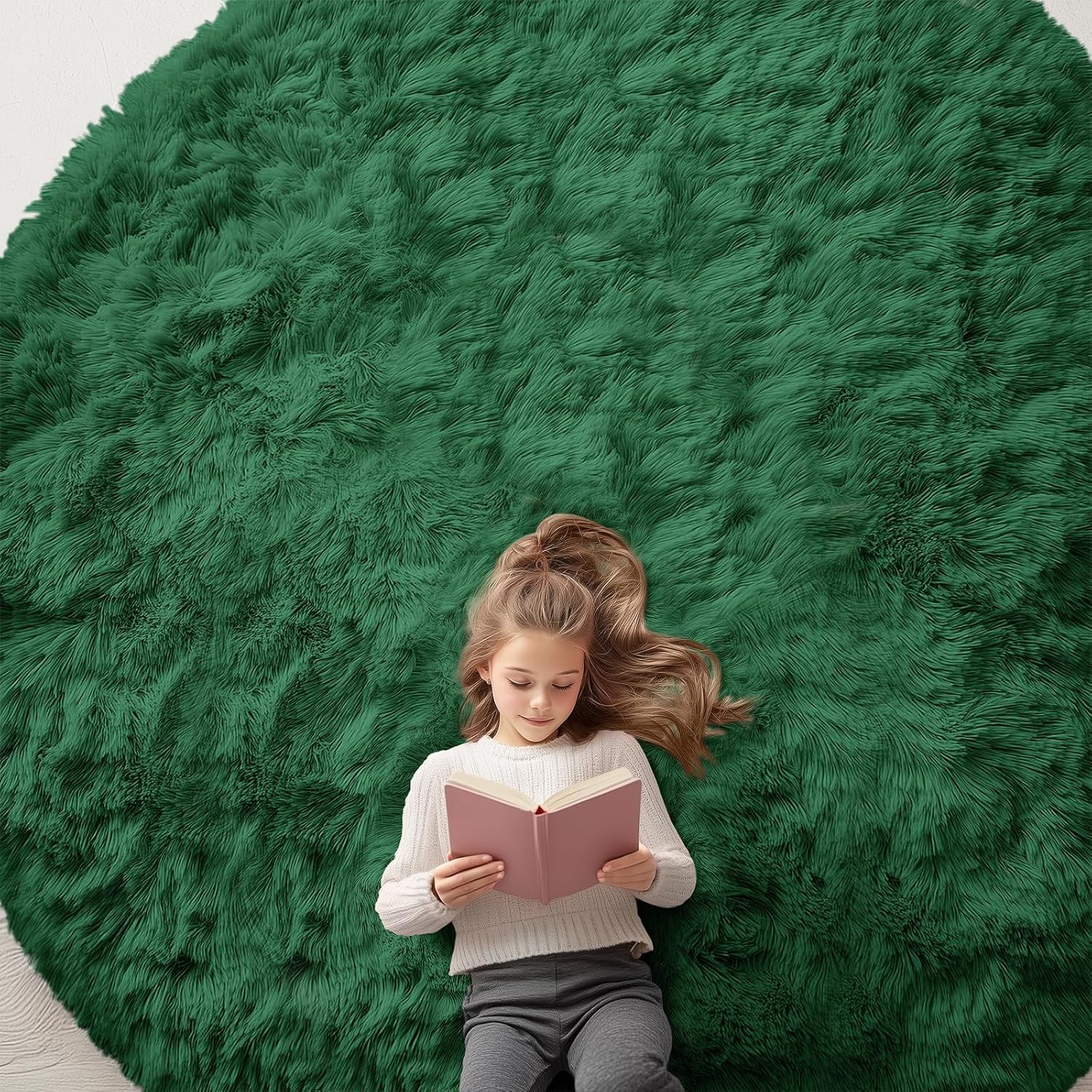 OLANLY Dark Green Round Area Rug - Soft, Fluffy, Machine Washable 9 ft Circle Carpet for Bedroom & Living Room