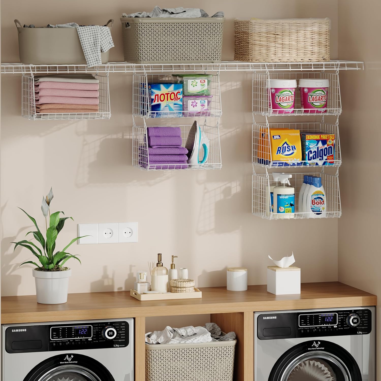 Skiennix 3-Tier Hanging Laundry Basket Organizer - Foldable Wire Shelf with 360° Rotating Hooks | Space-Saving Solution in White