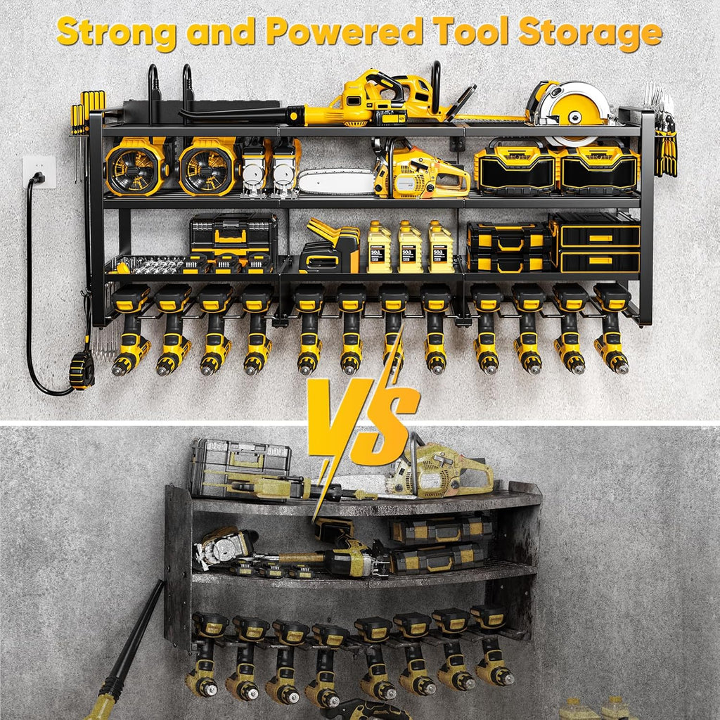 POKIPO Power Tool Organizer - 49.5" Wall Mount with Charging Station & 8 Outlet Power Strip | Heavy Duty 4 Tier Storage for 12 Cordless Drills