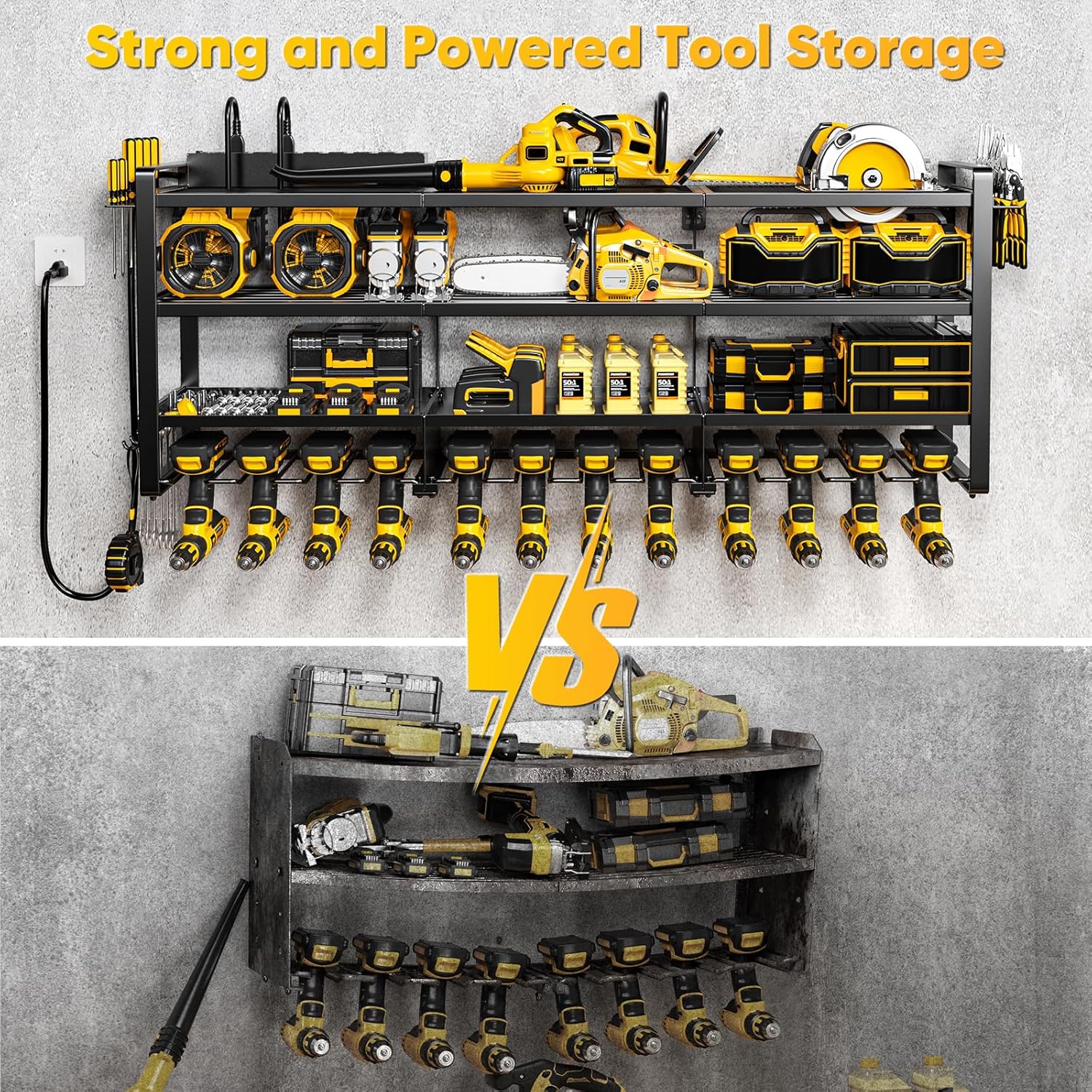 POKIPO Power Tool Organizer - 49.5" Wall Mount with Charging Station & 8 Outlet Power Strip | Heavy Duty 4 Tier Storage for 12 Cordless Drills