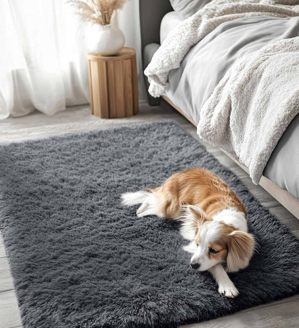 OLANLY Soft Fluffy Shaggy Bedside Rug - 3x5 Machine Washable Indoor Carpet for Kids & Nursery | Grey