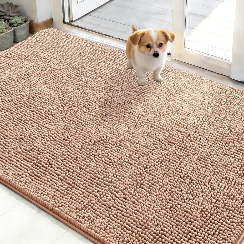 OLANLY Dog Door Mat - Absorbent Non-Slip Mud Mat for Indoor Use | Quick-Dry Chenille, 50x30, Peach