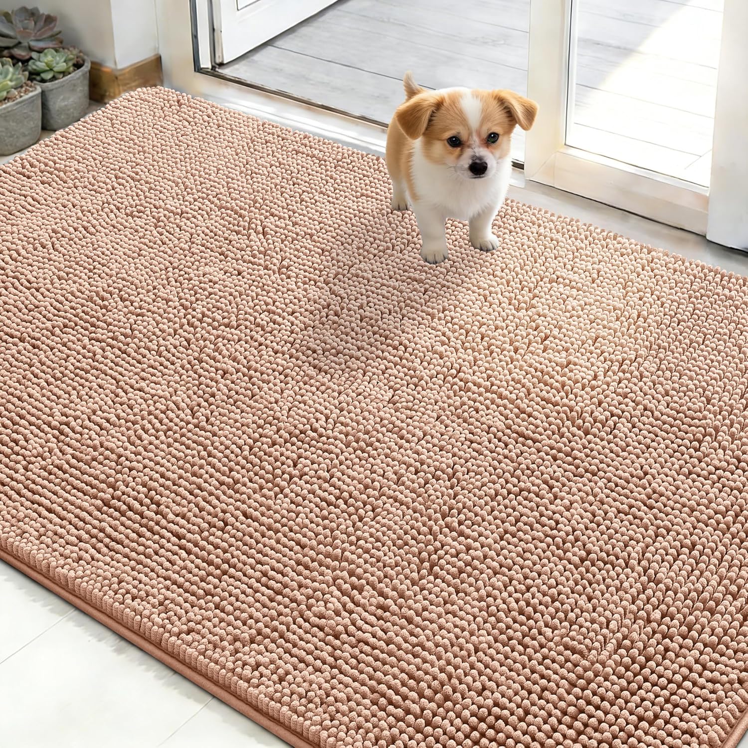 OLANLY Dog Door Mat - Absorbent Non-Slip Mud Mat for Indoor Use | Quick-Dry Chenille, 50x30, Peach