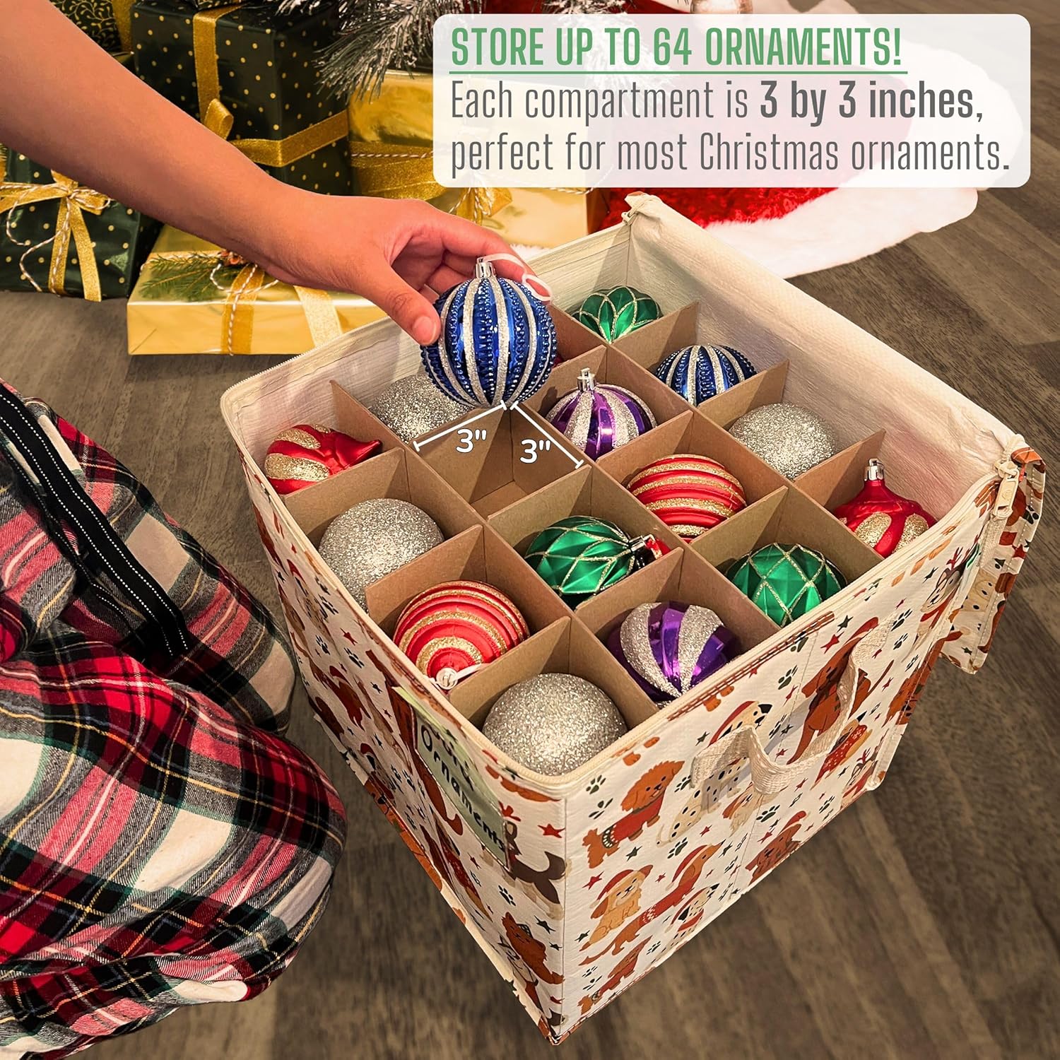 VENO Christmas Ornament Storage Box - 2 Pack for 64 Ornaments | Adjustable Dividers & Zippered Top - Holiday Pups Design