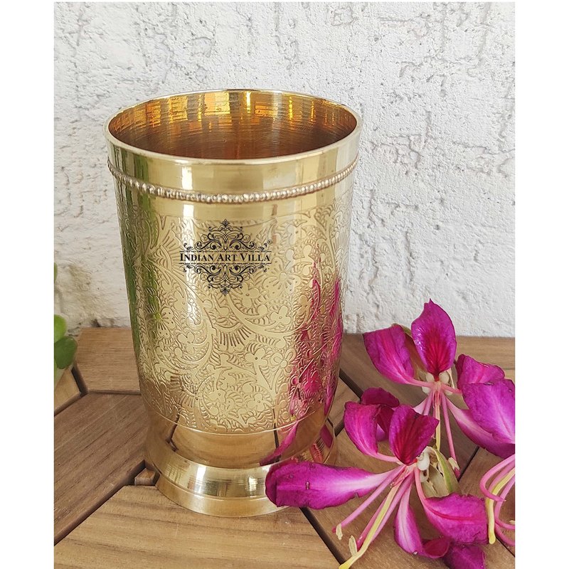 Indian Art Villa Brass Glass Tumbler, Embossed Design, 11 Oz Each, Set of 2