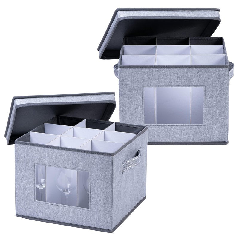 VENO 2 Pack Wine Glass Storage Box, Stemware Storage Case Hard Shell, Christmas Holiday Ornaments China Containers with Dividers & Handles for Moving Crystal Glassware Champagne Flute (for 18 Glasses)