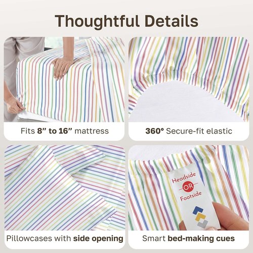 California Design Den Queen Size Cotton Sheet Set - 100% Soft Cotton, 400 TC, Deep Pockets, Rainbow Stripe