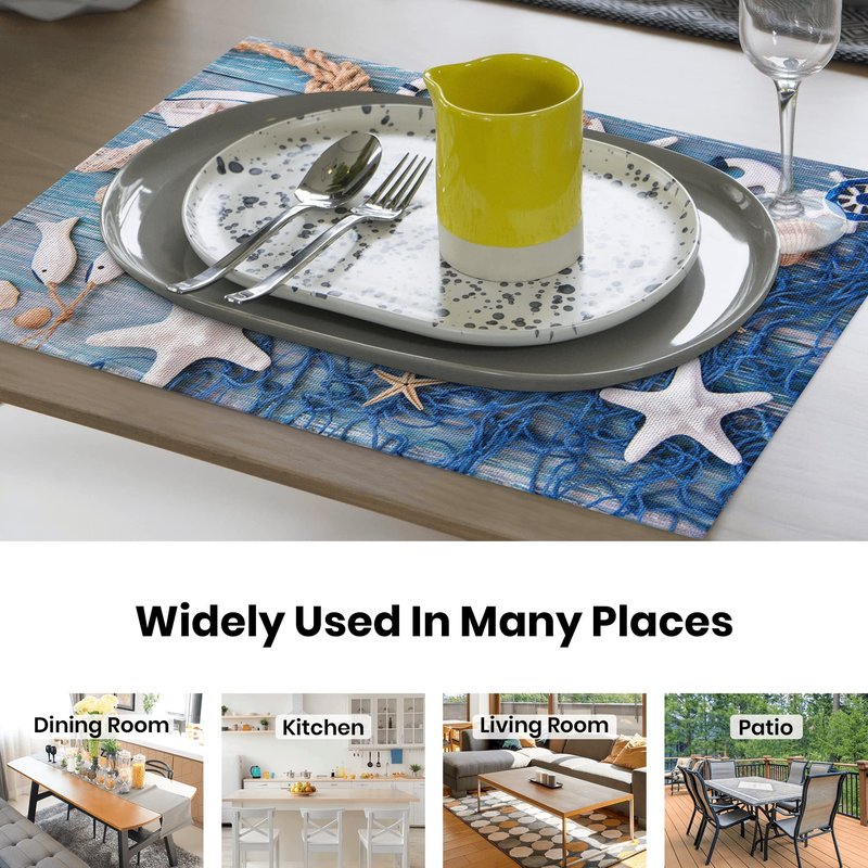 Blue Placemats Set of 8, Summer Nautical Theme Starfish Shell Fishnet Non Slip Heat Resistant Linen Fabric Cloth Place Mats, Washable Holiday Party Dining Table Mats for Coastal Home Kitchen Decor