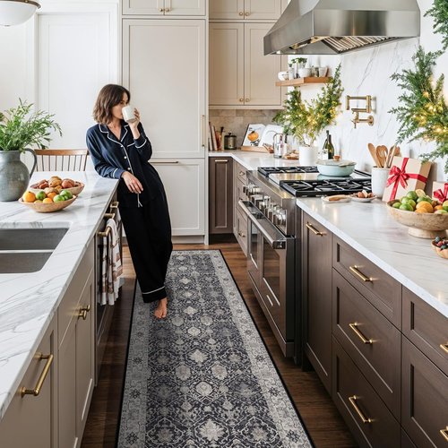 Hallway Washable Runner Rug - Vintage Soft Non-Slip Indoor Carpet for Kitchen & Entryway | 3x10 Black