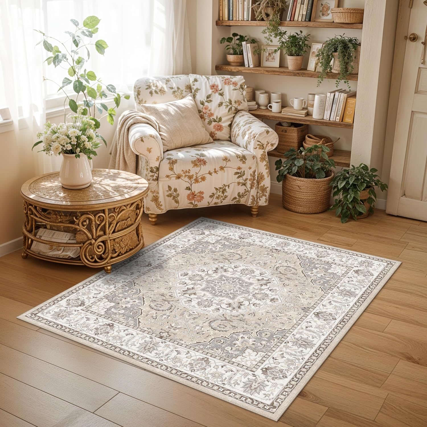 Skiennix 4x4 Washable Area Rug - Soft Non-Slip Kitchen & Bathroom Mat | Water-Resistant Beige Decor