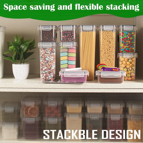 Airtight Food Storage Containers with Lids Set 14 Pack, Kitchen Pantry Organizers and Storage for Cereal Flour Sugar Pasta Snacks, Clear Plastic BPA Free Dry Food Canisters with 16 Labels & 5 Spoons