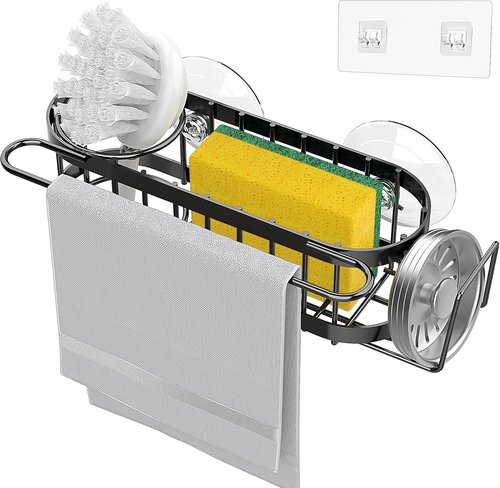 Cisily Kitchen Sink Caddy - Stainless Steel Sponge Holder & Organizer | 2 Installation Options (Suction & Adhesive)