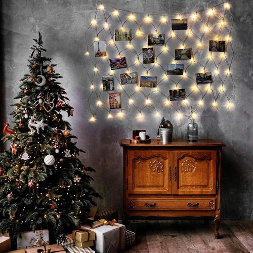 Hiboom LED Christmas Fairy Lights - 8 Modes Battery Operated Photo Clips for Home Wall Decoration | Warm White (3.3 x 3.3 ft)