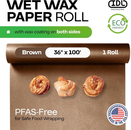 IDL Packaging Brown Wet Wax Paper Roll - 36" x 100' Heavy-Duty Moisture-Repellent Cooking Paper for Food Storage