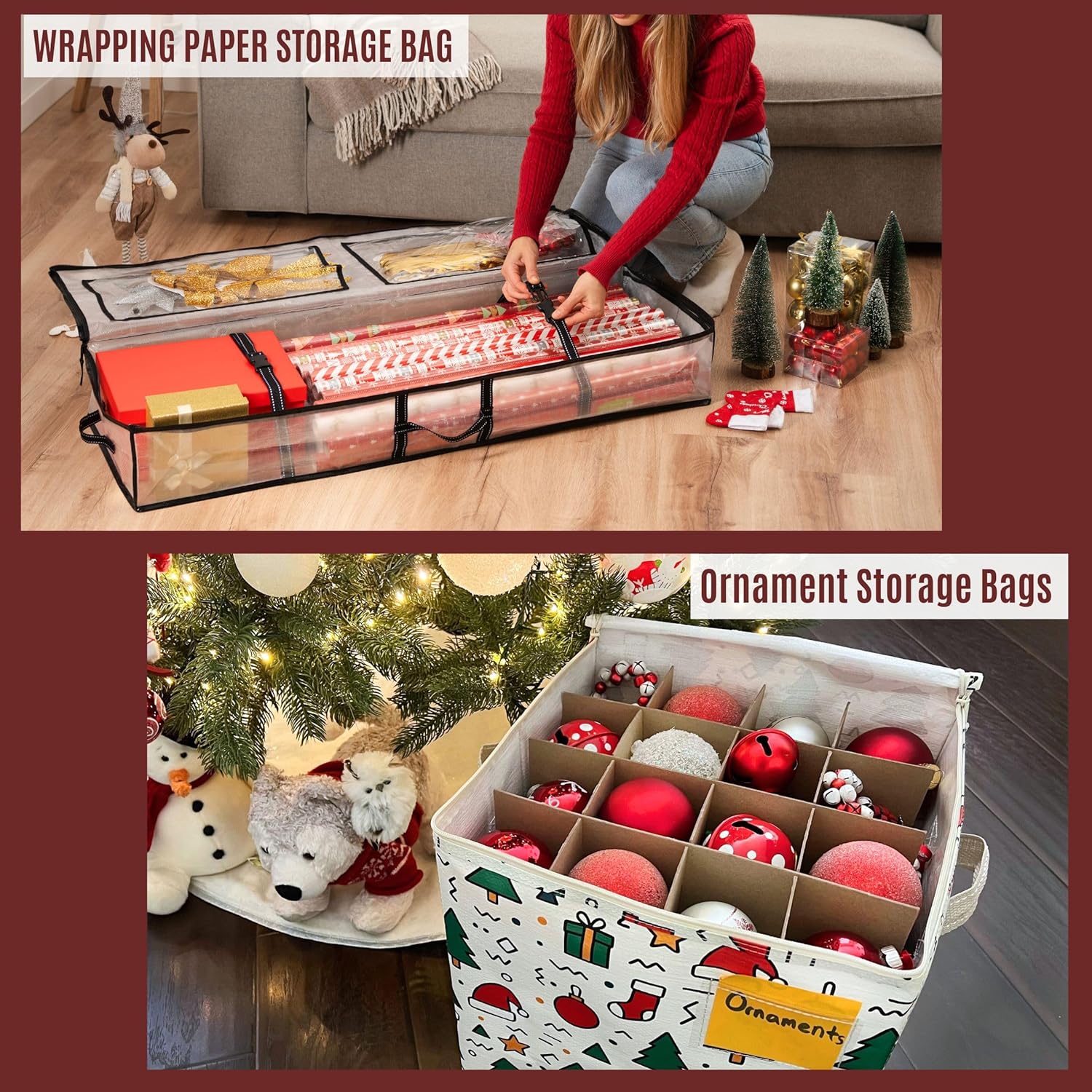 VENO Christmas Decoration Storage Bags - 3 Pack Gift Wrapping & Ornament Organizers