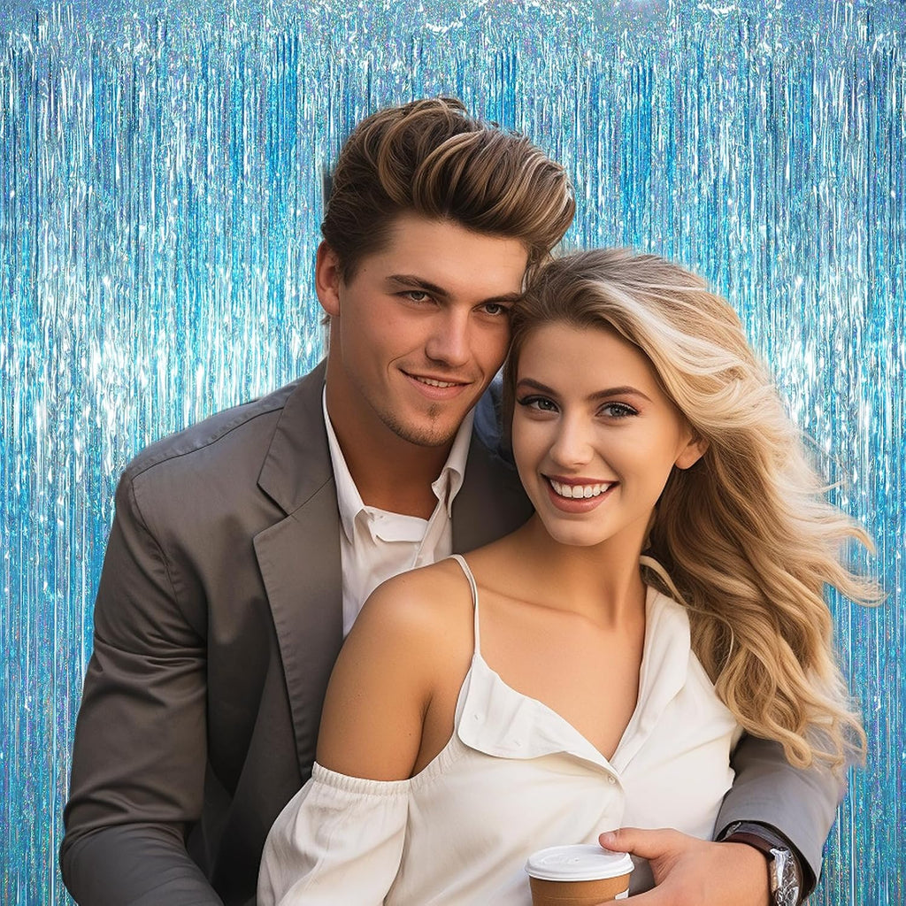 Voircoloria Foil Fringe Backdrop Curtains - Tinsel Streamers for Birthday, Baby Shower & Graduation | 3.3 x 6.6 ft, Light Blue