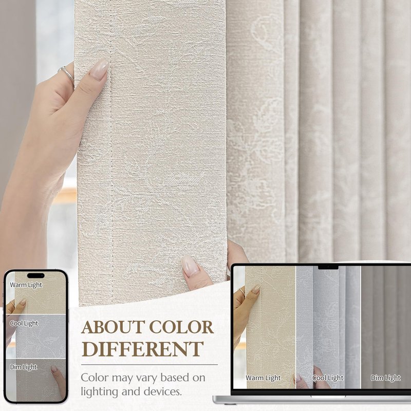 Xwincel Beige Floral Jacquard Blackout Curtains 84 Inches Long for Bedroom, Flower Chenille Rustic Farmhouse Curtains Living Room Darkening Thermal Insulated Drapes, Grommet Window Curtains 2 Panels