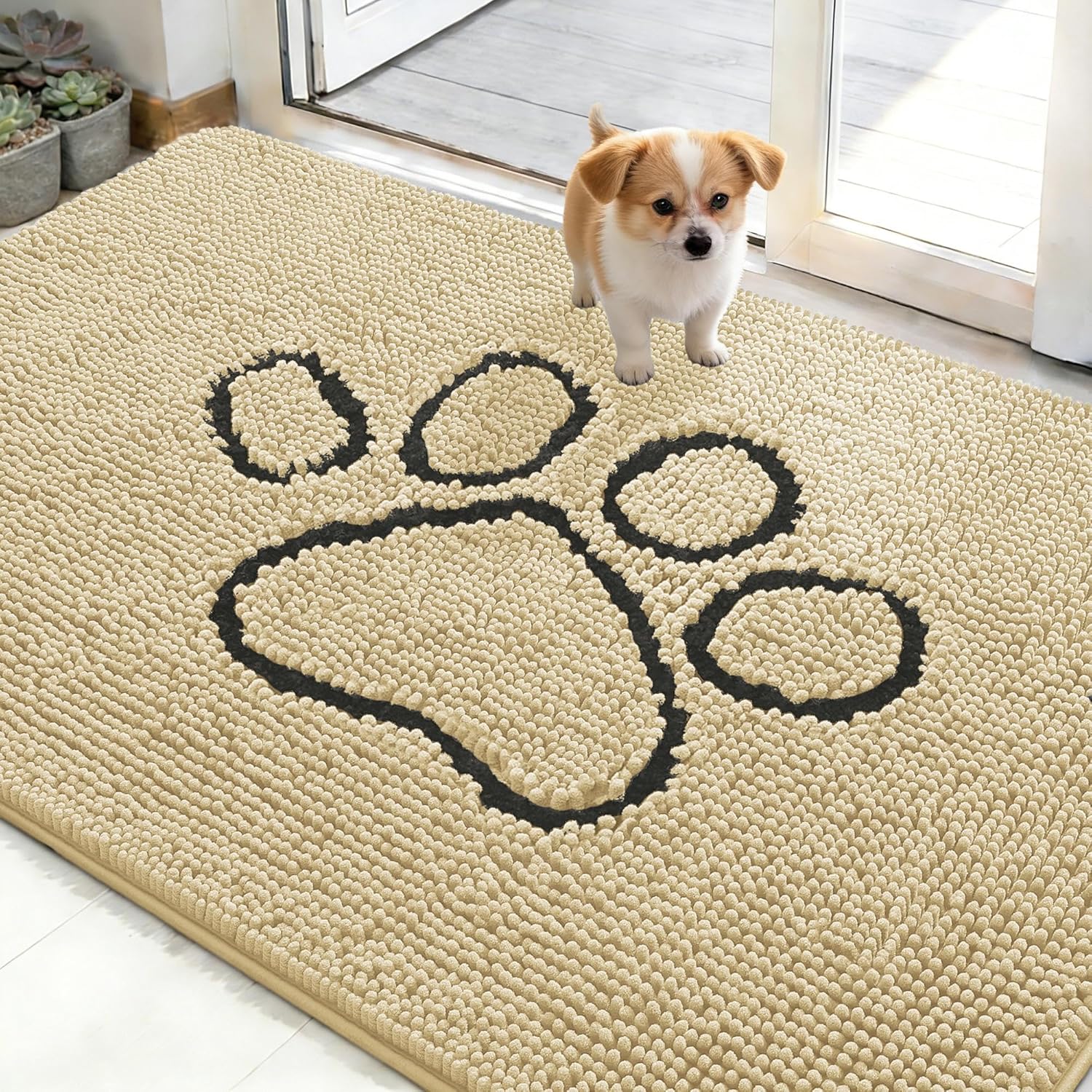 OLANLY Dog Door Mat - Absorbent Non-Slip Mud Mat for Muddy Paws | 48x30 Paw Print Design, Quick Dry Chenille