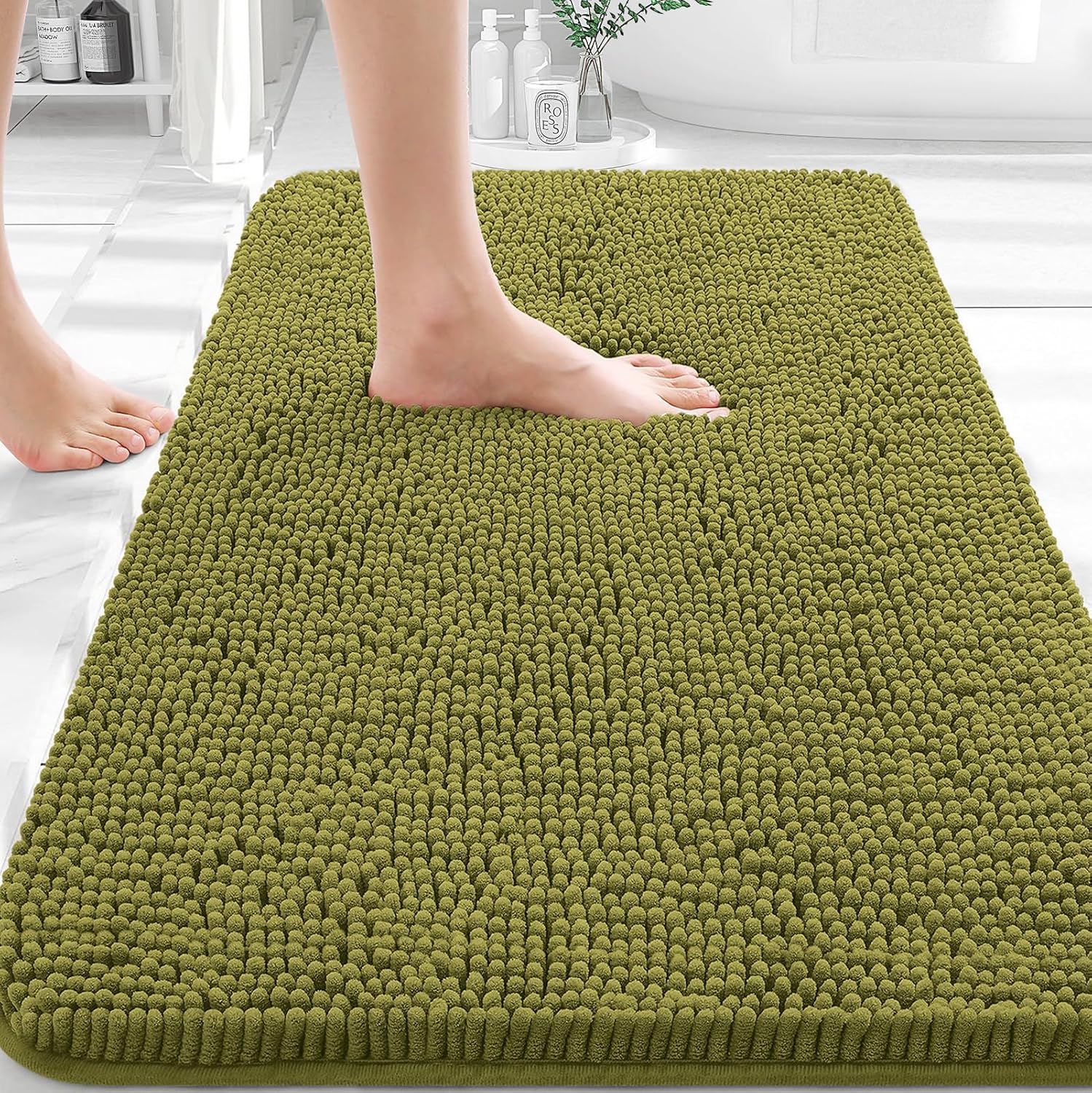 OLANLY Bathroom Rugs - Extra Soft Chenille Bath Mats | Quick Dry, Machine Washable, 30x20, Willow Green