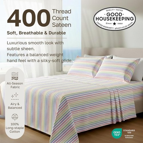 California Design Den Twin XL Cotton Sheet Set - 100% Soft Cotton, 400 Thread Count, Cozy Rainbow Stripe