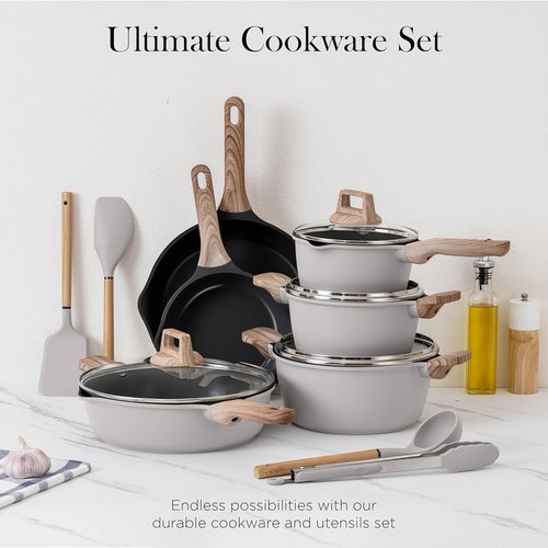 Country Kitchen Nonstick Pots and Pans Set - 14-Piece Cast Aluminum Cookware Set in Grey with Utensils