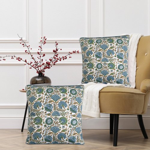 Ridhi Block Print Asparagus Green Pillow Cover 16" x 16" (Pack of 2) Decorative Couch Pillows for Living Room, Chic Boho Cute Outdoor Pillows Covers Gifts for Spring, Easter and Valentine