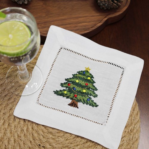 Lauusiusi 100% Linen White Cocktail Napkins Hemstitched with Embroidered Christmas Tree Set of 6 Cloth Beverage Napkin 6"x6" Coasters for Christmas Decoration Dessert Gift Ideas