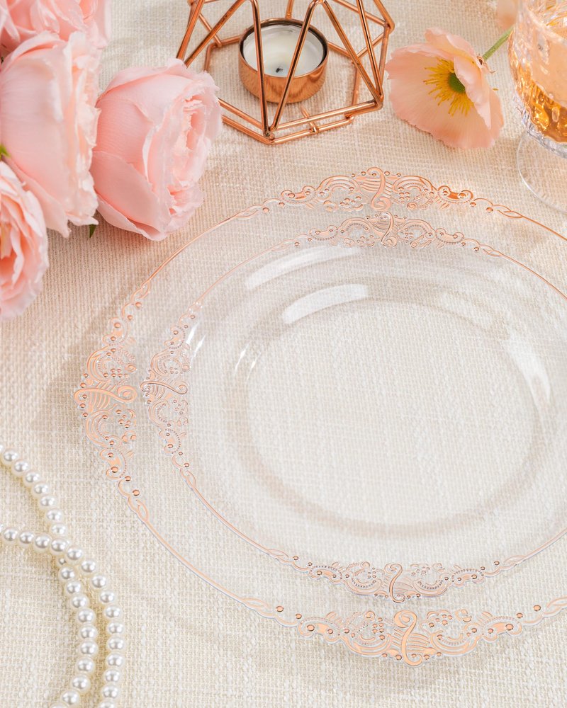 Nervure 175PCS Rose Gold Plastic Plates - Disposable Rose Gold Party Plates & Pre Rolled Napkins with Cutlery for 25 Guests, 50Plates, 75Silverware, 25Cups, 25Napkin for Wedding & Party & Mothers Day