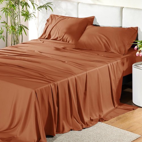 Bedsure Queen Sheet Set - Cooling Bamboo Rayon Sheets | Breathable & Soft, Deep Pocket 16" - Burnt Orange