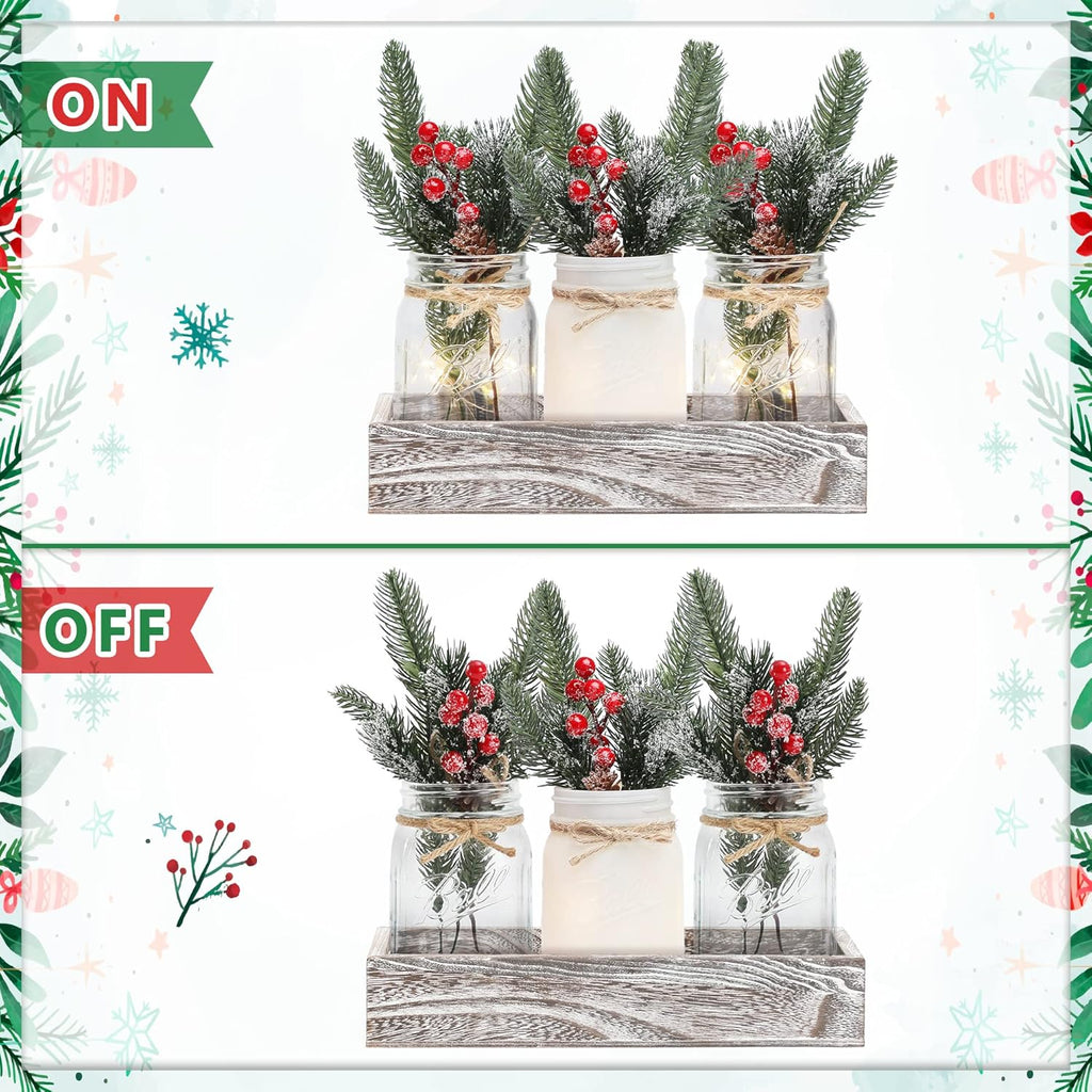 Skiennix Winter Mason Jar Centerpiece - LED Lights & Artificial Plants | Set of 3 for Festive Home Decor